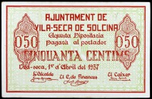 Vila-Seca de Solcina. 50 céntimos (dos) y 1 peseta. (T. 3325, 3326 y 3326b). 3 billetes, todos los de la localidad, uno de 50 céntimos sin la impresió...