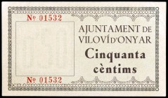 Viloví d'Onyar. 50 céntimos y 1 peseta. (T. 3366, 3366a y 3367). 3 billetes, todos los de la localidad, los de 1 peseta variantes de color. Raros y má...