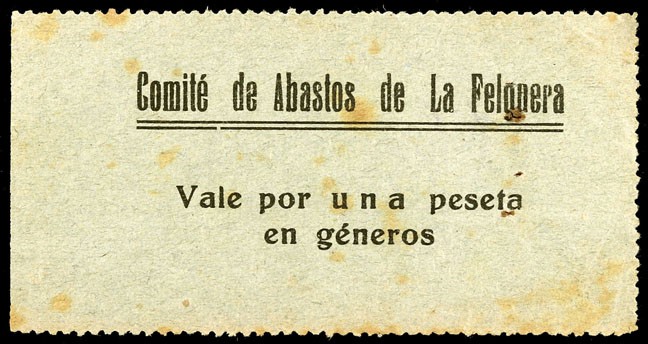 La Felguera (Asturias). Comité de Abastos. 10 (dos), 50 céntimos, 1 (dos) y 5 pe...