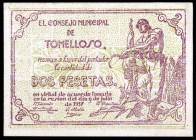 Tomelloso (Ciudad Real). 25 (dos), 50 céntimos y 2 pesetas. (KG. 730 y 730a). Escasos. BC+/MBC+.