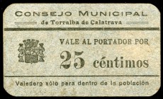 Torralba de Calatrava (Ciudad Real). 25 céntimos y 1 peseta. (KG. 734). 2 cartones. Raros. MBC-/MBC.