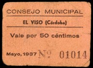 El Viso (de los Pedroches) (Córdoba). 25 y 50 céntimos. (KG. falta) (RGH. 5776 y falta). 2 cartones. Muy raros. BC/BC+.