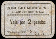 Villanueva del Duque (Córdoba). 2 pesetas. (KG. 809a). Cartón nº 205. Raro. MBC+.