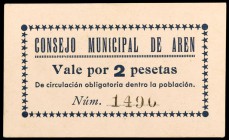 Arén (Huesca). 2 pesetas. (KG. 104) (T. 52a). Cartón. Raro y más así. EBC+.