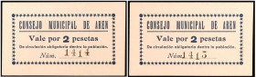Arén (Huesca). 2 pesetas. (KG. 104) (T. 52a). 2 cartones correlativos. Raros. EBC+.