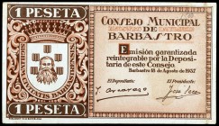 Barbastro (Huesca). 25, 50 céntimos y 1 peseta. (KG. 127). 3 billetes, serie completa. MBC-/EBC-.