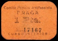 Fraga (Huesca). Comité Popular Antifascista. 1 peseta. (KG. 364a) (T. 209). Cartón. Raro. MBC-.