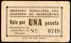 Montañana (Huesca). 25, 50 céntimos y 1 peseta. (KG. 504) (T. 281 a 283). 3 cartones, serie completa. Raros. BC-/BC+.