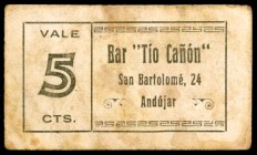 Andújar (Jaén). Bar "Tío Cañón". 5 céntimos. (RGH. falta). Cartón. Muy raro. MBC-.