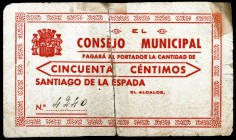Santiago de la Espada (Jaén). 50 céntimos. (KG. 688). Roto y pegado. Muy raro. (BC+).