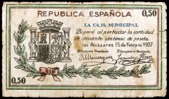 Los Alcázares. La Caja Municipal. 50 céntimos. (CCT. 22) (KG. 50). Pequeñas roturas. Raro. (BC+).