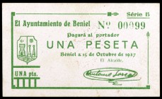 Beniel. 25 céntimos y 1 peseta. (CCT. 49 y 50) (KG. 163h). 2 billetes. Raros así. EBC.