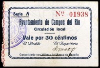 Campos del Río. 25, 50 céntimos y 1 peseta. (CCT. 76 a 78) (KG. 226). 3 billetes, todos los de la localidad. El de 25 y 50 céntimos no figuraban en la...