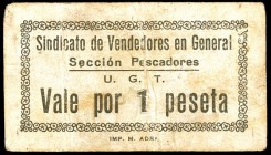 Cartagena. Sindicato de vendedores en general. Sección Pescadores U.G.T. 1 peseta. Cartón. Muy raro. BC+.