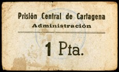 Cartagena. Prisión Central de Cartagena. Administración. 1 peseta. Cartón. Muy raro. BC+.