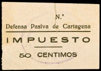 Cartagena. Defensa Pasiva. Impuesto. 50 céntimos. (J.A. nº 11, falta valor). Viñeta. Rotura. Raro. (MBC-).