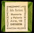 Cartagena. Viñas y Navarro Tejidos. Julio Martínez Huevería y Pollería. 5 y 25 céntimos. 2 cartones con sello pegado. Raros. MBC.