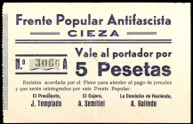 Cieza. Frente Popular Antifascista. 1 (tres) y 5 pesetas (dos). (CCT. 114, 114a, 114 var, 115 y 116, mismo ejemplar) (KG. 279d). 5 billetes, dos serie...