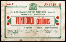 Fortuna. 25, 50 céntimos, 1 y 2 pesetas. (CCT. 124 a 127) (KG. 361). 4 billetes, todos los de la localidad. Raros. BC-/BC+.