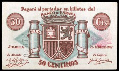 Jumilla. 25 (dos), 50 céntimos (tres) y 1 peseta (cuatro). (CCT. 128 a 130 y 130 var) (KG. 435). 9 billetes, todos los de la localidad, uno roto y peg...