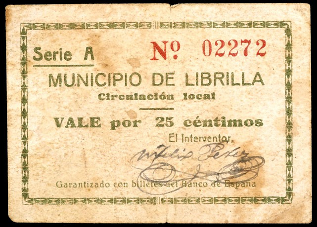 Librilla. 25 céntimos (dos) y 1 peseta. (CCT. 131 y 132a) (KG. 448). 3 billetes,...
