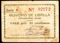 Librilla. 25 céntimos (dos) y 1 peseta. (CCT. 131 y 132a) (KG. 448). 3 billetes, una serie completa. Raros. BC/MBC-.