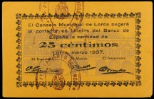 Lorca. 25 céntimos (tres) y 1 peseta (cuatro). (CCT. 133, 133a, 134 y 134a) (KG. 454). 7 billetes, tres series completas, uno roto pegado en la época....
