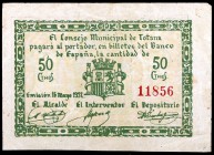 Totana. Consejo Municipal. 25 (dos), 50 céntimos (dos), 1 (dos) y 2 pesetas. (CCT. 286 a 289) (KG. 748a). 7 billetes, una serie completa. BC/MBC.