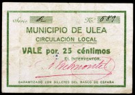 Ulea. 25 céntimos y 2 pesetas. (CCT. 290 y 293) (KG. 753). 2 billetes, 1ª emisión, uno roto y pegado en la época. Rarísimos. BC/MBC-.