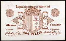 Villanueva del Río Segura. 25, 50 céntimos y 1 peseta. (CCT. 307 var, 308 var y 309 var) (KG. 801). Las letras AGC en los tres billetes estampilladas ...