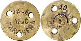 Marchena (Sevilla). 0,25 céntimos. (Cal. 11). 10,51 g. Tres perforaciones. Números 5 y 10 troquelados en reverso. Rara. (MBC-).