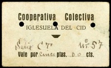 Iglesuela del Cid (Teruel). Cooperativa Colectiva. 5 pesetas. (KG. 418) (RGH. 2940, no ha podido localizarlo). Cartón nº 57. Tampón de la Colectividad...