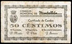 Montalbán (Teruel). 50 céntimos y 1 peseta. (KG. 503 y 503a). 2 cartones. Escasos. BC/BC+.