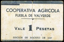 Puebla de Valverde (Teruel). Cooperativa Agrícola. 1 peseta. (KG. falta) (RGH. 4348). Cartón. Muy raro. BC+.