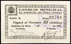 Rubielos de Mora (Teruel). 25, 50 céntimos y 1 peseta. (KG. 653 y falta) (RGH. 4603 a 4605). Muy raros. BC/MBC+.