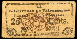 Valderrobres (Teruel). Colectividad. 25 céntimos. (KG. falta) (RGH. 5296). Raro. MBC+.