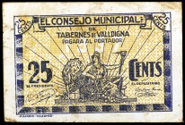 Tabernes de Valldigna (Valencia). 25 céntimos. (T. 1365). Manchitas. MBC-.