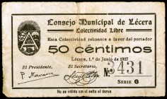 Lécera (Zaragoza). 50 céntimos y 1 peseta. (KG. 445). 2 billetes. BC-/BC+.