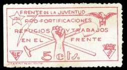 Frente de la Juventud Pro-Fortificaciones, Refugios y Trabajos en el frente. JSU. 5 céntimos. (J. Allepuz 1548). Viñeta. Escasa. MBC+
