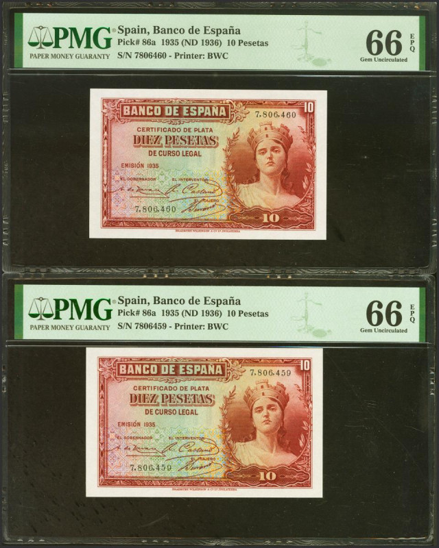 10 Pesetas. 1935. Certificado de Plata. Pareja correlativa. Sin serie. (Edifil 2...