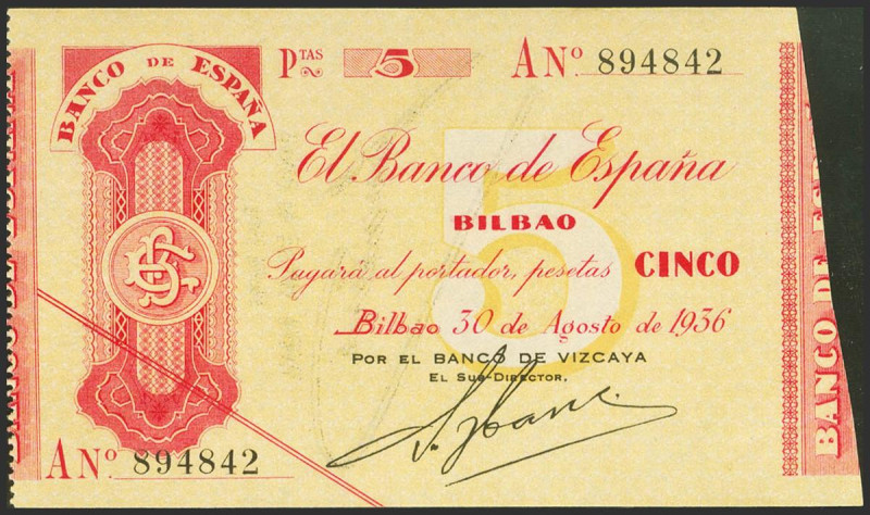 5 Pesetas. 30 de Agosto de 1936. Sucursal de Bilbao, antefirma del Banco de Vizc...