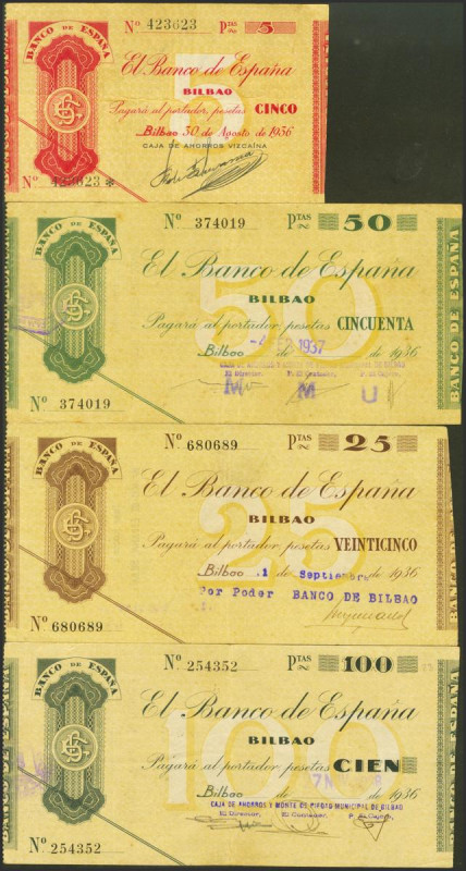 Serie completa de 4 billetes de 5 Pesetas, 25 Pesetas, 50 Pesetas y 100 Pesetas,...