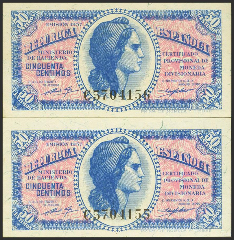 50 Céntimos. 1937. Pareja correlativa. Serie C, última serie emitida. (Edifil 20...