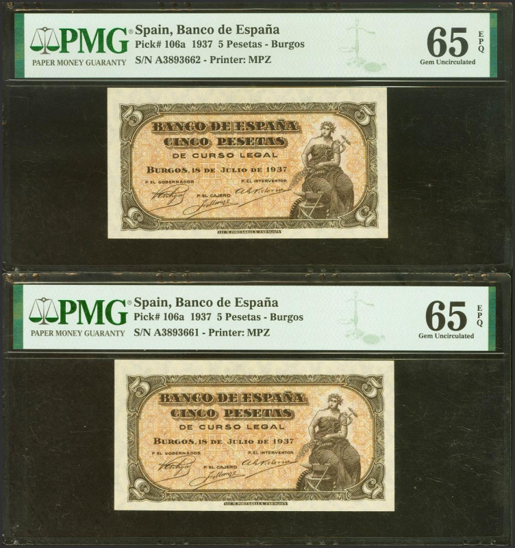 5 Pesetas. 18 de Julio de 1937. Pareja correlativa. Serie A. (Edifil 2023: 424a,...