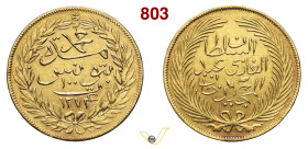 TUNISIA - MOHAMED BEY (1855-1859) 100 Piastre AH1274 (1857) Fr. 1 KM. 130 Au g 19,40 mm 33 • Lieve traccia di appiccagnolo sul bordo e colpetti, rilie...