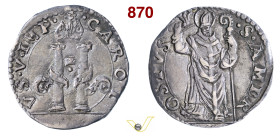 MILANO CARLO V D'ASBURGO (1535-1556) Denaro da 8 Soldi D/ Le Colonne d'Ercole avvolte da nastro e sormontate da mitria imperiale R/ S. Ambrogio stante...