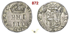 MILANO FILIPPO III DI SPAGNA (1598-1621) Denaro da 4 Soldi 1608 D/ PHI III su due righe e in alto corona R/ Stemma coronato MIR 350 Mi g 3,09 mm 22 • ...