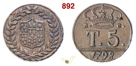 NAPOLI FERDINANDO IV DI BORBONE (1759-1816) 5 Tornesi 1798 MIR 392/2 P.R. 100 Cu g 13,45 mm 26 SPL