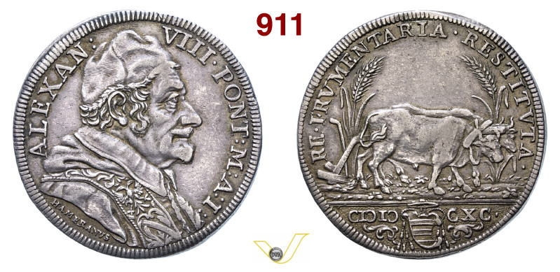 ROMA ALESSANDRO VIII (1689-1691) Testone 1690 A. I D/ Busto del Pontefice R/ Due...