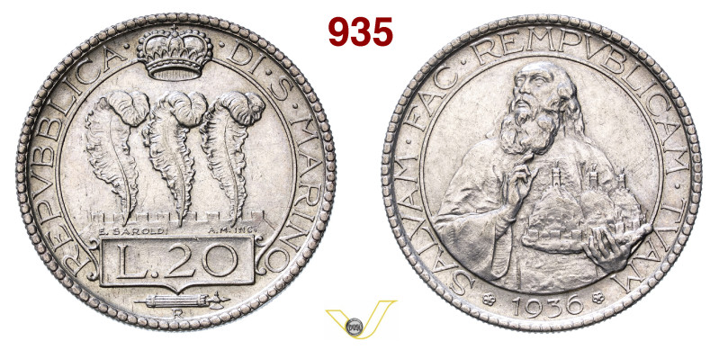 SAN MARINO REPUBBLICA (1864-1938) 20 Lire 1936 Roma Pagani 346 Ag g 14,98 mm 36 ...